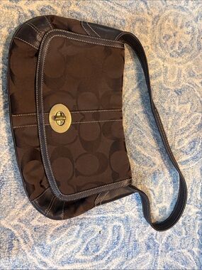Coach Brown Signature Canvas Shoulder Bag with Gold Turn-Lock